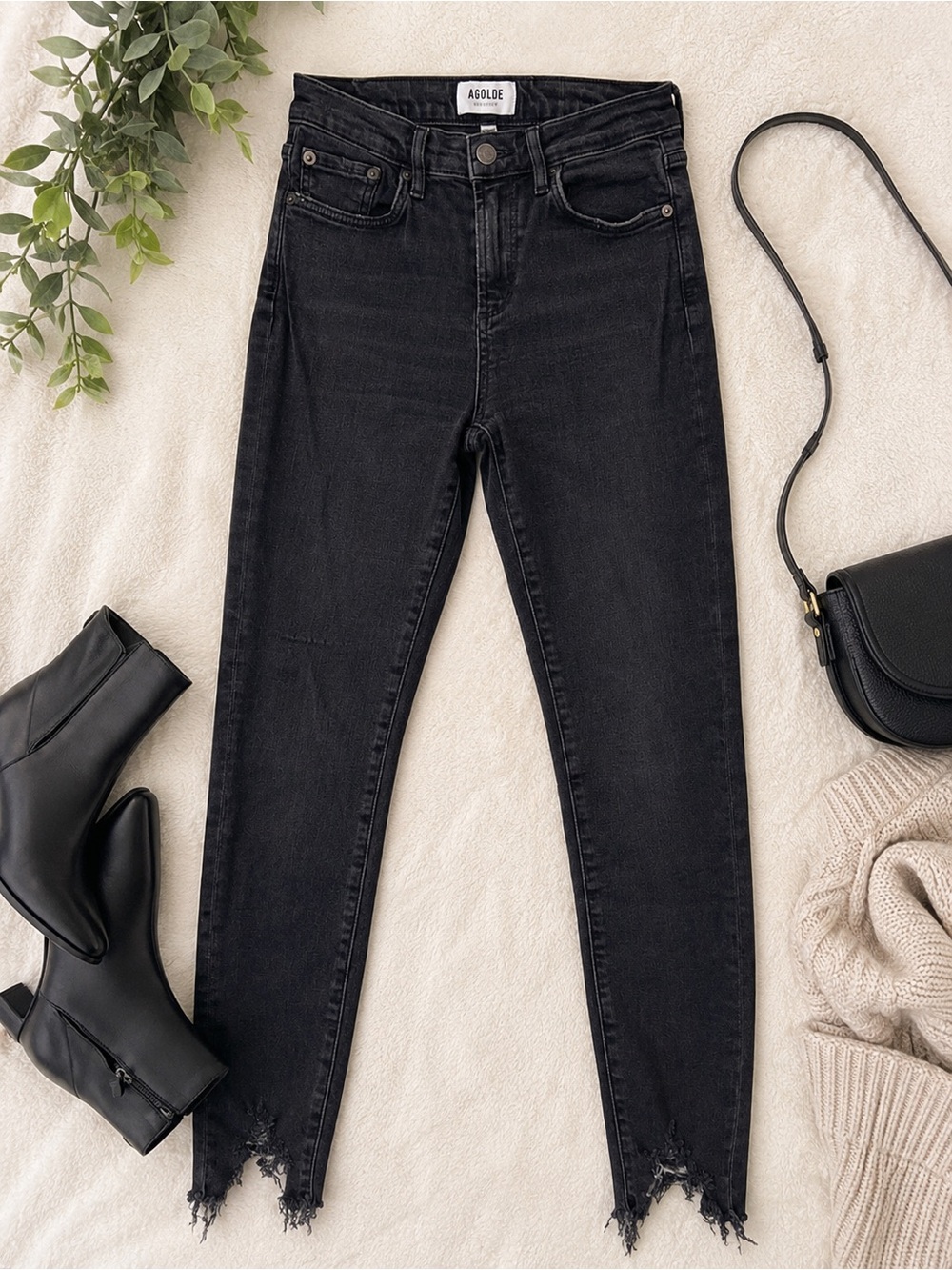 AGOLDE Sophie High Rise Skinny Jeans Size 26 Black Wash Raw Hem Distressed Ankle